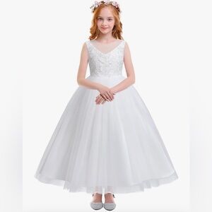 White Tiered Embellished V-Neck Tiered special occasion kids dress